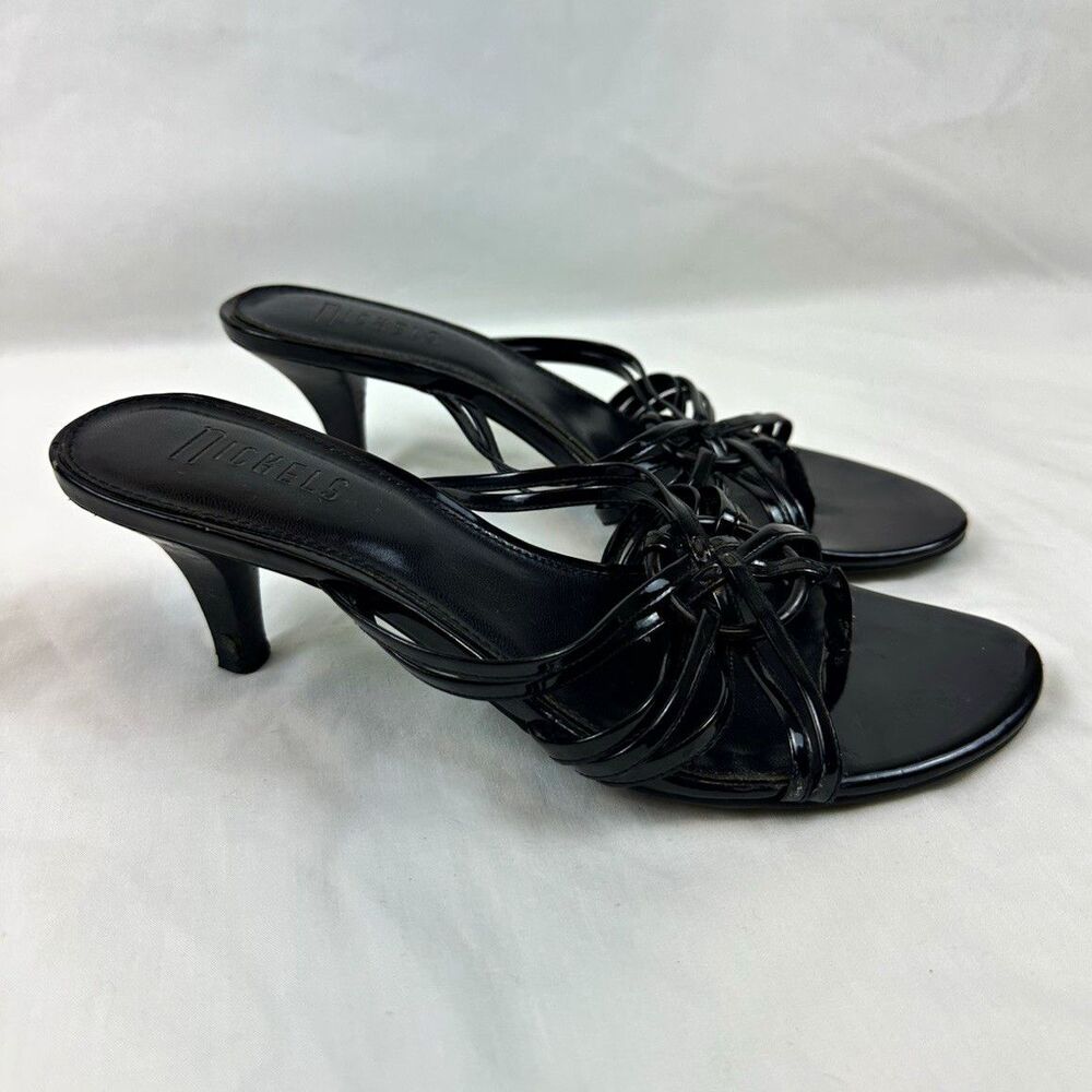 Nichels Black Strappy Slip-On Kitten Heel Open Toe Thong Sandals 6.5 M